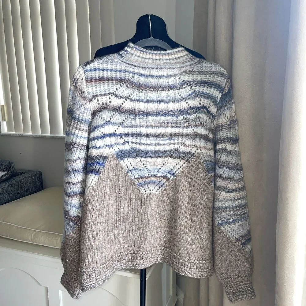 DEMOCRACY Mock Neck Woven Cable Knit Sweater Cozy Mottled Blue Tan L - Picture 3 of 8